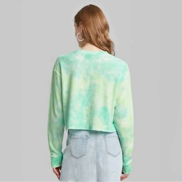 Wild Fable Tie Dye Cropped Thermal Long Sleeve Top XS Blue Green - Picture 2 of 5